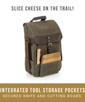 Straight Up Insulated Wine Bag With Matching Cheese Board And Sharp Corkscrew Opener Waxed Canvas Cooler Tote For Two Bottles Pocketed Grab And Go Hauler For Weekend Kickbacks In Khaki Green with knife and board.