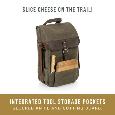 Straight Up Insulated Wine Bag With Matching Cheese Board And Sharp Corkscrew Opener Waxed Canvas Cooler Tote For Two Bottles Pocketed Grab And Go Hauler For Weekend Kickbacks In Khaki Green with knife and board.