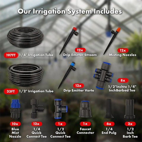 Plug And Play Drip Irrigation Kit With 230 Feet Of Quick Connect Tubing For Lawn Raised Bed And Greenhouse displaying components