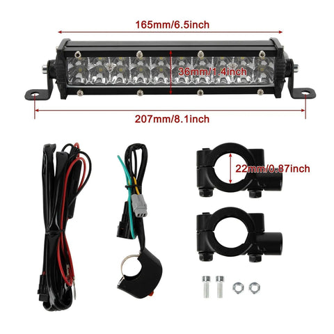 7/8 Inch Dirt Bike Light Bar Headlight For CRF110 CRF250F KLX110 TTR110 TTR110E RM85 YZF450 12V 24V Universal LED Bar Fits Most 22mm Handlebars For Night Riding And Trail Adventures parts laid out