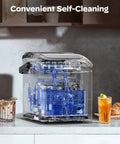 Countertop Ice Maker That Keeps It Cool With 9 Bullet Ice Cubes In 6 Minutes Up To 26 Lbs Per Day Two Ice Sizes Self Cleaning Portable With Handle Great For Home Kitchen Camping RV Or Office Sleek Black showing self-cleaning feature.