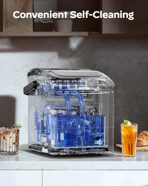Countertop Ice Maker That Keeps It Cool With 9 Bullet Ice Cubes In 6 Minutes Up To 26 Lbs Per Day Two Ice Sizes Self Cleaning Portable With Handle Great For Home Kitchen Camping RV Or Office Sleek Black showing self-cleaning feature.