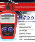 OBD2 Car Scanner With Engine Fault Codes And Emissions Status Check Engine Light Reader CAN Diagnostic Tool For 1996 And Newer OBDII Vehicles Read DTCs Fast Live Data And Vehicle Status Not For FCA Vehicles displayed in red, showing menu on digital screen.
