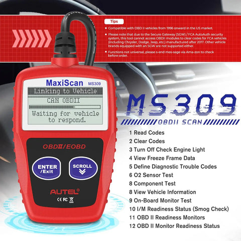 OBD2 Car Scanner With Engine Fault Codes And Emissions Status Check Engine Light Reader CAN Diagnostic Tool For 1996 And Newer OBDII Vehicles Read DTCs Fast Live Data And Vehicle Status Not For FCA Vehicles displayed in red, showing menu on digital screen.