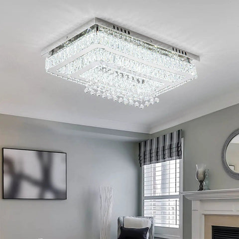 Modern Crystal Ceiling Light Chandelier With LED Fixture For Bedroom Living Room Dining Room Kitchen Rectangular 13.8 Inch White Dimmable