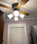 Ceiling fan with bell shaped frosted milky Scavo glass alabaster shades, part of replacement globes pack of four, standard fitter size.