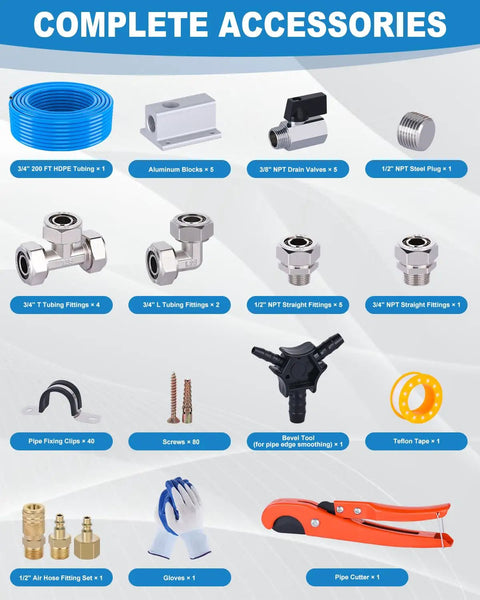 Complete accessory kit for Three Quarter Inch Inside Diameter 200 Feet HDPE Aluminum Compressed Air Piping System Kit For Shop And Garage