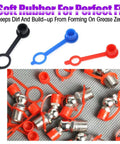Color coded 300 Piece Plastic Grease Fitting Cap Set for grease zerks with red, blue, and black snap-on caps shown with fittings.