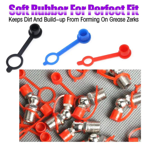 Color coded 300 Piece Plastic Grease Fitting Cap Set for grease zerks with red, blue, and black snap-on caps shown with fittings.