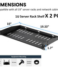 Rock Solid 1U Server Rack Shelves 2 Pack Heavy Duty 19 Inch Vented Cantilever Trays Technical dimensions with equipment mounting details.