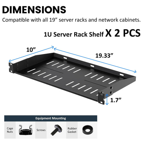 Rock Solid 1U Server Rack Shelves 2 Pack Heavy Duty 19 Inch Vented Cantilever Trays Technical dimensions with equipment mounting details.