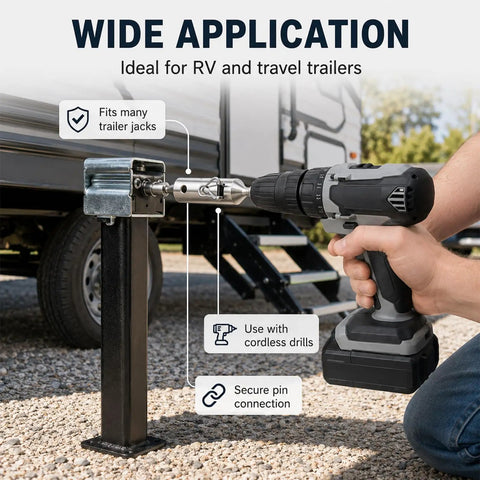 Heavy Duty Stainless Steel Trailer Jack Drill Adapter With Secure Wire Lock Pin Universal Cordless Drill Socket attached to RV jack.
