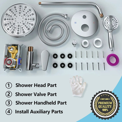 Components of 9 Inch Wall Mounted Rain Shower System With 10 Settings High Pressure Shower Head, Includes Handheld Sprayer And Valve