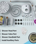 9 Inch Wall Mounted Rain Shower System With 10 Settings High Pressure Shower Head parts layout, brushed nickel finish