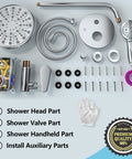 Complete set of 9 Inch Wall Mounted Rain Shower System With 10 Settings Shower Head High Pressure Water Saver Includes Handheld Sprayer And Valve Brushed Gold Finish For Spa Like Home Shower, showing all components including shower head, valve, handheld sprayer, hose, and installation parts.