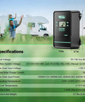 100 Amp MPPT Solar Charge Controller for 12V to 48V systems shown with camper in background and detailed specifications