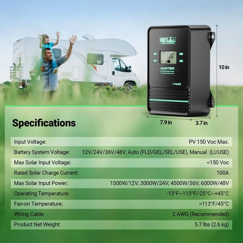 100 Amp MPPT Solar Charge Controller for 12V to 48V systems shown with camper in background and detailed specifications