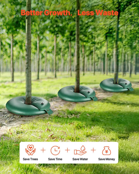 Tree Watering Bag Set Slow Release 4 Pack 20 Gallons Watering Rings on tree trunks in grassy area