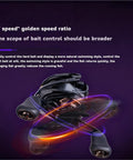 Right-hand fishing reel in black, angled front view with dual brake system and twin handles