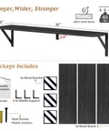 Legit Heavy Duty Floating Wall Shelves Set of Three, Slick 36 Inch by 8 Inch Black Bookshelf for Bedroom Living Room Office, showing dimensions and components.