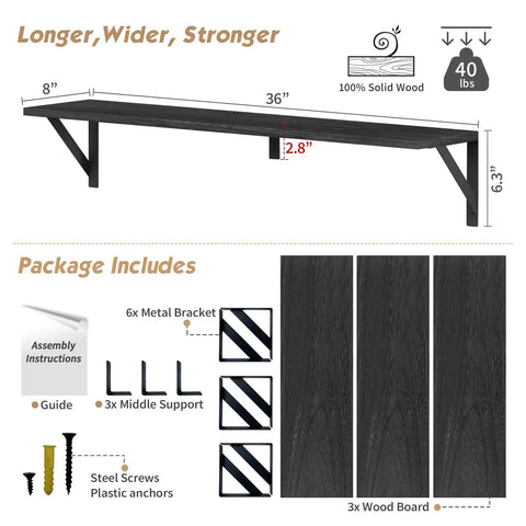Legit Heavy Duty Floating Wall Shelves Set of Three, Slick 36 Inch by 8 Inch Black Bookshelf for Bedroom Living Room Office, showing dimensions and components.