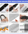 Collage showing features of Ten Pack Self-Adhesive Pipe Insulation Sleeve With Pre-Slit Foam And Aluminum Foil Cover for winter use.