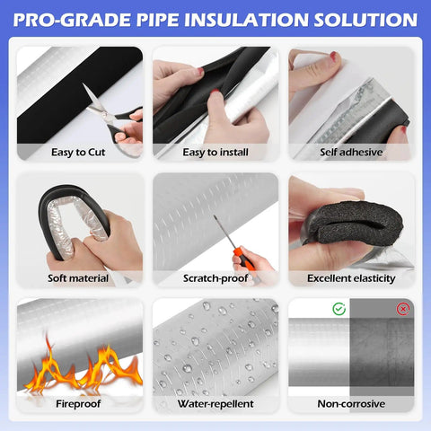 Collage showing features of Ten Pack Self-Adhesive Pipe Insulation Sleeve With Pre-Slit Foam And Aluminum Foil Cover for winter use.