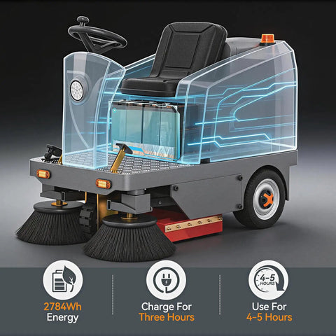 Velwoxk 51 Inch Ride-On Industrial Floor Sweeper Machine With Powerful Brooms And Vacuum Suction. Features A Generous 27 Gallon Hopper And 11 Gallon Water Tank For Spotless Jobsites. Achieve Crazy High Efficiency Of Over 92 Thousand Square Feet Per Hour