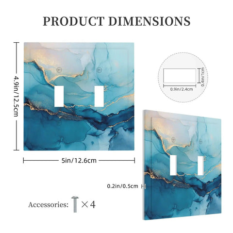 Blue And Gold Marble Texture Double Gang Toggle Light Switch Cover With Elegant Wall Plating That Truly Slaps And Elevates Your Room Aesthetic Without Breaking The Bank, showing dimensions 5x4.9 inches.