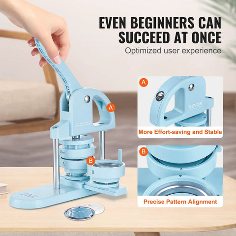 Three In One Button Maker Kit With 25mm 32mm And 58mm Sizes, ergonomic arc handle shown, user-friendly design, blue color