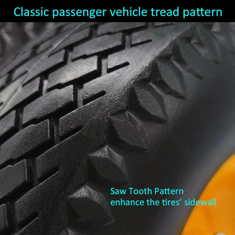 Close-up of 4.10/3.50-4 solid tire replacement with saw tooth tread pattern, 10 inch wheel for hand trucks and garden carts.