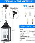 Detailed information of Badass Matte Black Outdoor Pendant Lighting Three Bulb Exterior Hanging Porch Fixture with dimensions.