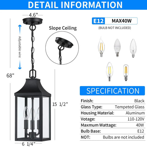 Detailed information of Badass Matte Black Outdoor Pendant Lighting Three Bulb Exterior Hanging Porch Fixture with dimensions.