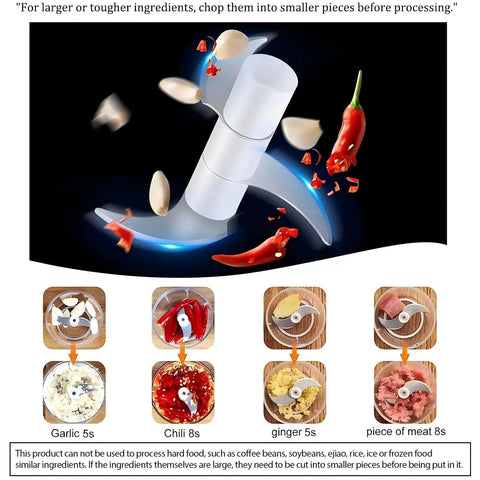 Compact Electric Mini Vegetable Chopper, USB Rechargeable Garlic Slicer And Onion Dicer with ingredients flying during chopping.