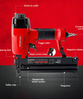 18 Gauge Pneumatic Brad Nailer And Crown Stapler 2 In 1 Nail Gun with labeled parts for Carpentry and DIY Projects