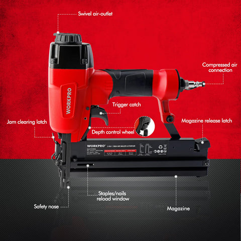 18 Gauge Pneumatic Brad Nailer And Crown Stapler 2 In 1 Nail Gun with labeled parts for Carpentry and DIY Projects