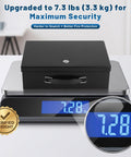 Fireproof Document Safe Box With Key Lock Water And Fire Resistant Storage Chest weighing 7.28 lbs on electronic scale.