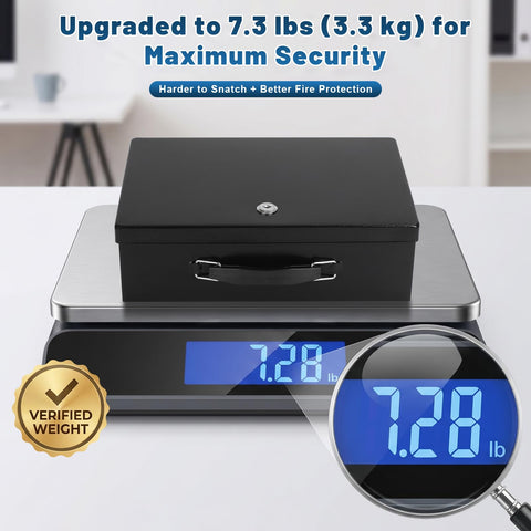 Fireproof Document Safe Box With Key Lock Water And Fire Resistant Storage Chest weighing 7.28 lbs on electronic scale.