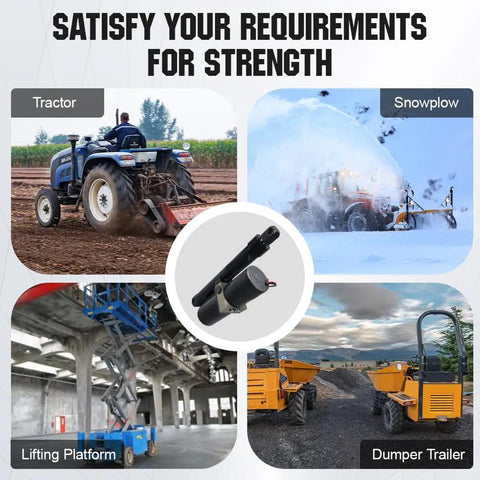 Knockout Beefy Hydraulic Linear Actuator Generating A Tough 1700 Lbs Push Force With IP65 Rain Guard Setup For Trailer Ramps Farm Tool Hauls And Job Sites displayed with tractor, snowplow, lifting platform, and dumper trailer.