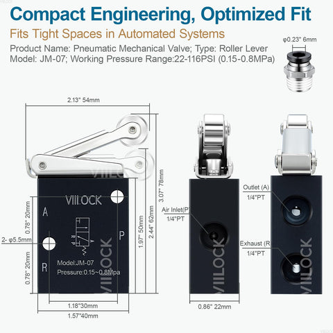 Diagram showing Pneumatic Mechanical Valve Roller Lever Type Two Position Three Way Normally Closed Air Valve JM07 with dimensions.