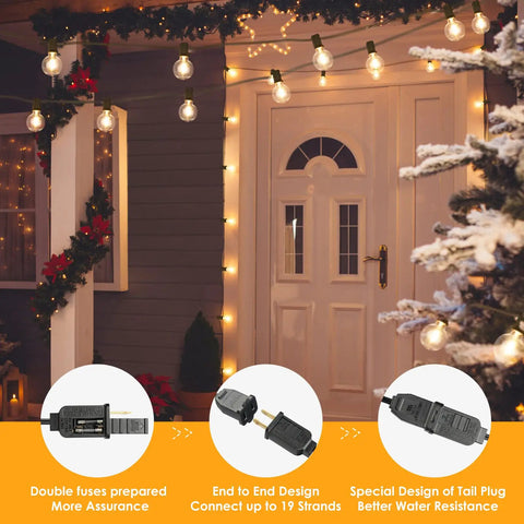 Home entrance decorated with 50 Ft LED Outdoor String Lights G40 Globe Dimmable Patio Lights Waterproof With 27 Warm White Shatterproof Bulbs