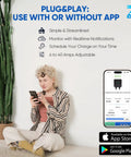 Person using smartphone to control Level 2 EV Charger 40 Amp 240V 9.6kW Smart Wall Mount, app interface displayed on phone.