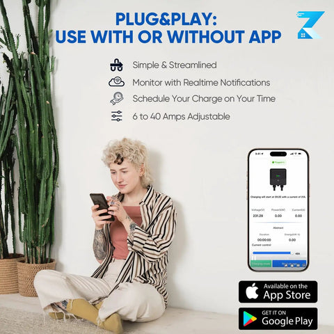 Person using smartphone to control Level 2 EV Charger 40 Amp 240V 9.6kW Smart Wall Mount, app interface displayed on phone.
