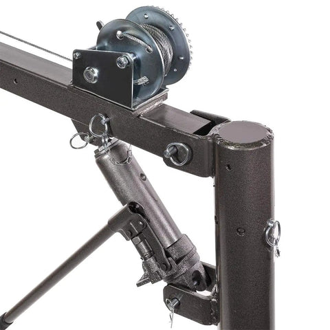 1/2 Ton Telescopic Boom Crane for Pickup Truck and Trailer Bed with 1100 Lbs Load Capacity Manual Cable Winch close-up of winch and frame