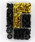 Yellow Motorcycle Bolt And Screw Kit For GSXR 1100 1300R And GW250F Premium Hardware Assortment With Machine Screws Nuts Bolts For Quick Mod And Show Off Build Long Lasting Gloss Finish, gold and black fasteners in organizer