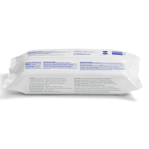 Back view of Foodservice Surface Sanitizing Wipes Flowpack 7.4 By 9 Inches Durable Thick Wipes 72 Count Pack Of 12 Germ Fighting Wipes packaging.