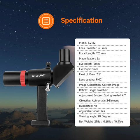 Right Angle Finder Scope 6x30mm With Correct Image Optics 120mm Focal Length High Light Gathering For Telescopes Crosshair Reticle For Easy Targeting Pro Grade Stargazing Accessory, 90-degree view
