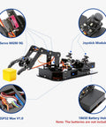 ACEBOTT 4-DOF ESP32 robotic arm kit, front view showing MG90 9G servo, joystick module, ESP32 board, 18650 holder.