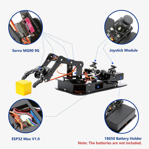 ACEBOTT 4-DOF ESP32 robotic arm kit, front view showing MG90 9G servo, joystick module, ESP32 board, 18650 holder.