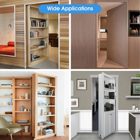 Badass Pivot Hinges For Hidden Doors And Bookcases Heavy Duty Stainless Steel Hardware Rustproof Construction in various settings.